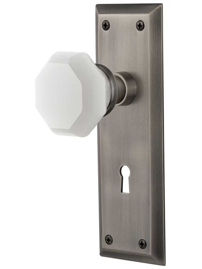 New York Mortise Lock Set with Milk White Waldorf Crystal Glass Knobs in Antique Pewter.